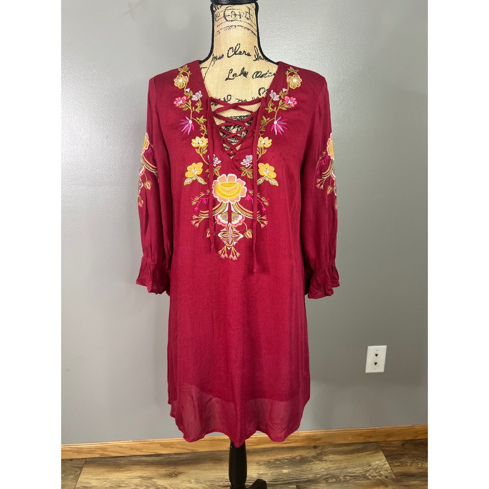 Umgee magenta shift dress small embroidered floral boho travel casual